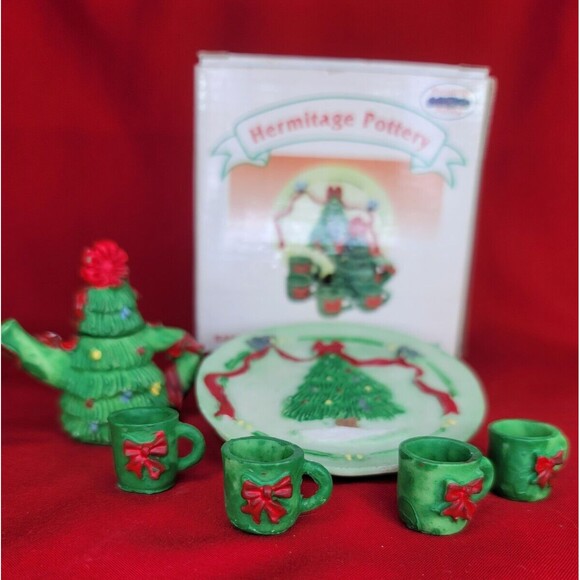 Miniature Christmas Tree TeaPot w/Cups Hand Painted Green Hermitage Pottery Set - Picture 3 of 12